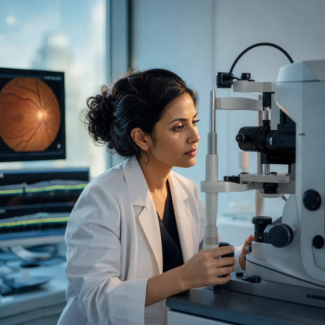 Ophthalmic researcher working with advanced retinal imaging equipment.