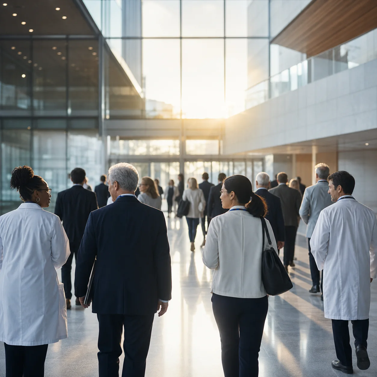 Medical delegates walking through a bright international convention hall.